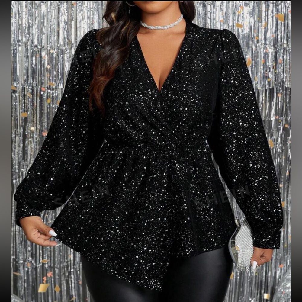 Plus Size Paint PRINT  Plunge Neckline Evening Party Top Blouse Shirt Black